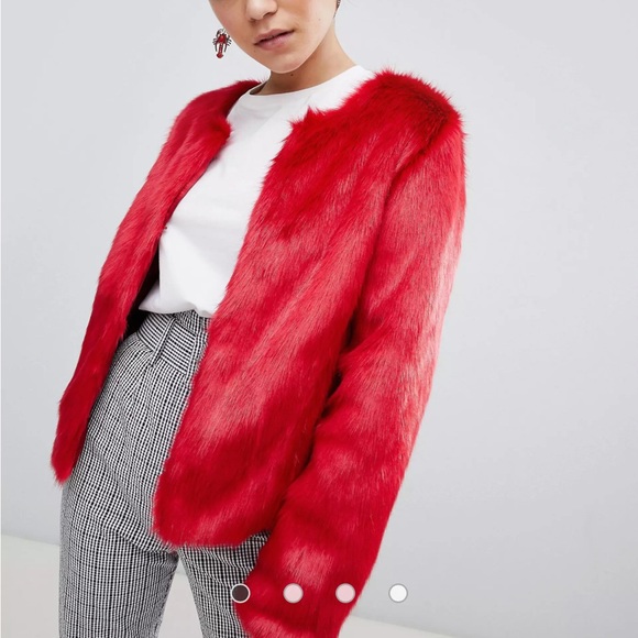 Red Unreal Fur Collarless Faux Jacket - Picture 2 of 5